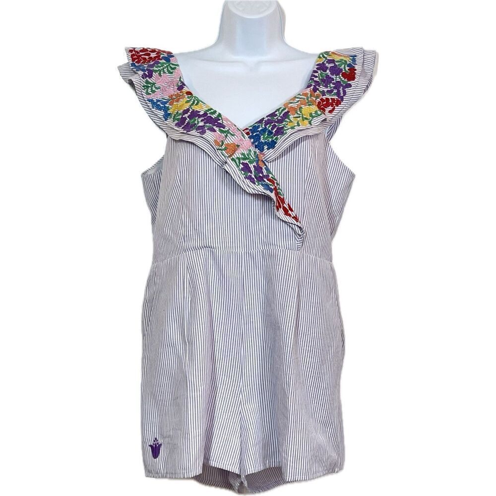 J Marie Embroidered Melissa Romper Playsuit Purple White Striped Womens Size M